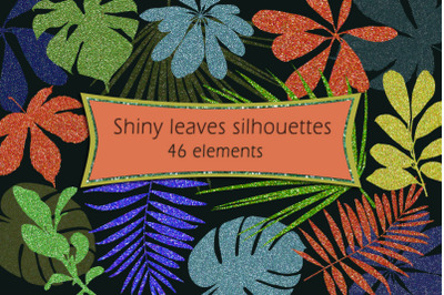 Silhouettes of tropical leaves with sequins. Sublimation
