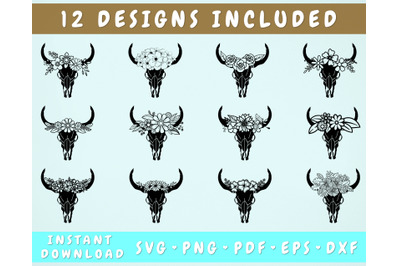 12 Floral Cow Skull SVG Bundle, Cow Skull Cut Files