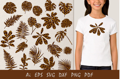 Silhouettes of tropical leaves with leopard print. Sublimation