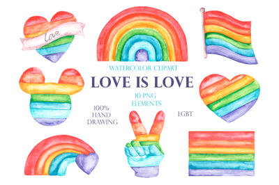 LGBT clipart. Watercolor clipart Love is love. Watercolor rainbow flag