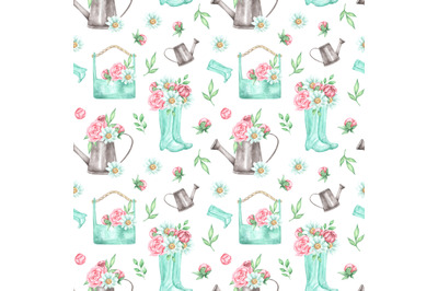 Provence. Summer. Watercolor seamless pattern. Watering can, flowers