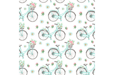 Summer watercolor seamless pattern. Bicycle, basket, flowers.