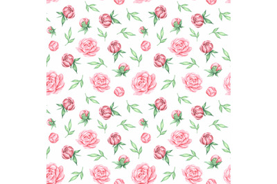 Summer flowers watercolor seamless pattern. Roses, peonies, greenery