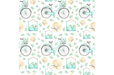 Watercolor seamless pattern Summer vacation. Bicycle, straw hat