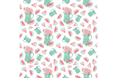 Summer picnic watercolor seamless pattern. Watermelon, jug, peonies