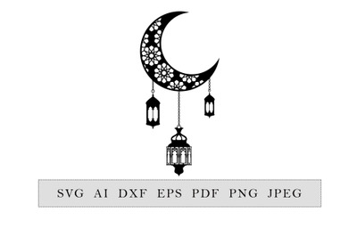 Crescent with lantern decoration. Muslim lantern on ramadan