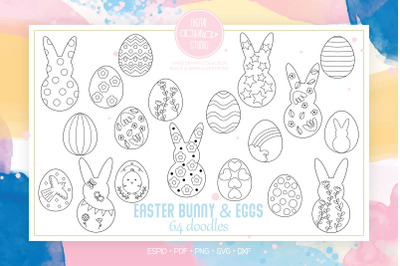 Easter Bunny and Eggs Doodles | Decorated Heart, Flower, Polka Dots
