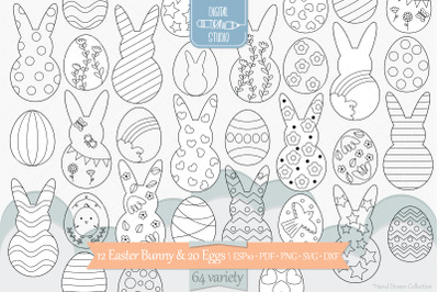 Easter Bunny and Eggs Doodles | Decorated Heart, Flower, Polka Dots