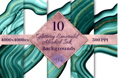 Glittery Emerald Alcohol Ink Backgrounds - 10 Image Set