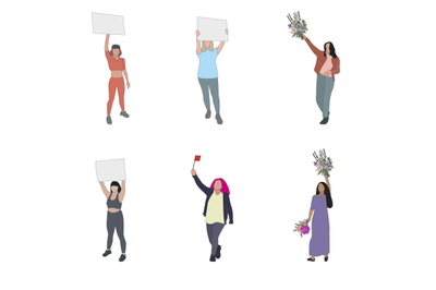 Women protester set isolated, woman and girl with placard