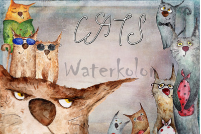Set of watercolor cats