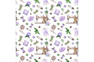 Sewing kit watercolor seamless pattern. Sewing machine, thread