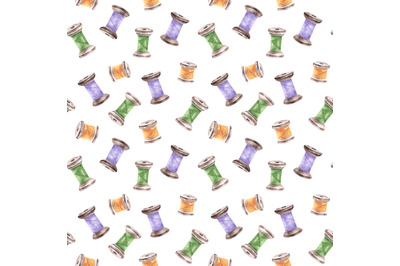 Spools of thread watercolor seamless pattern. Sewing, tailor