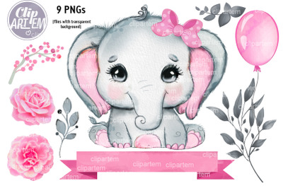 Baby Elephant Girl Pink Bundle  watercolor pink gray floral clip art