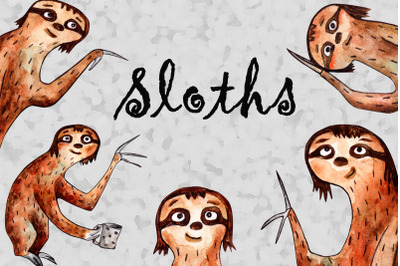 Sloths set watercolors