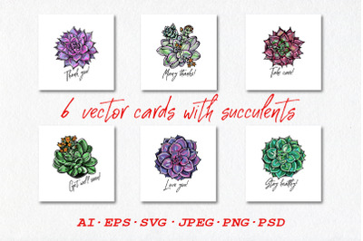 6 vector cards with succulents | AI EPS SVG JPEG PNG PSD