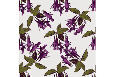 Hand drawn bloom fuchsia flowers, engraving floral seamless pattern ab