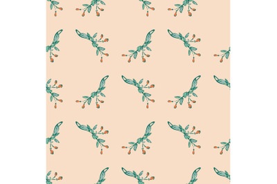 Hand drawn bloom green branches with red flowers, floral seamless patt