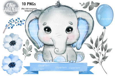 Cute Boy Elephant Clip Art Bundle 10 PNG watercolor images