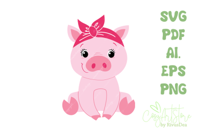 Cute Bandana Pig SVG file download. Baby piggy in red scarf.