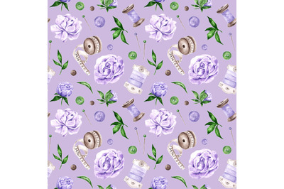 Sewing watercolor seamless pattern. Needlework, embroidery, tailor