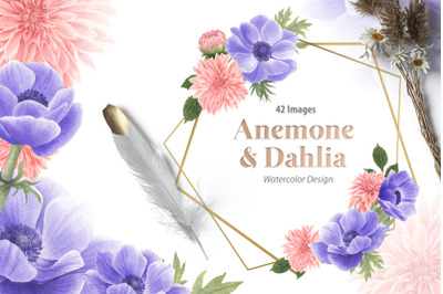 Anemone &amp; Dahlia flowers watercolor