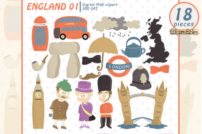 Cute ENGLAND clipart, Bobby hat, Big Ben, UK themed clip art