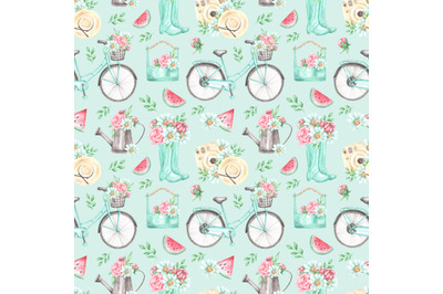 Summer vacation watercolor seamless pattern. Country house, provence.