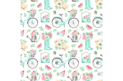 Summer watercolor seamless pattern. Provence pattern. Bicycle, camera