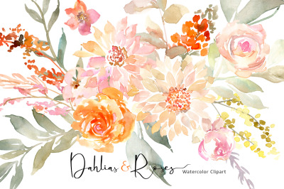 Watercolor Dahlias &amp; Roses Flowers