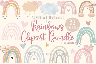 Boho Rainbows Clipart Bundle, Baby Nursery, Baby Shower, PNG
