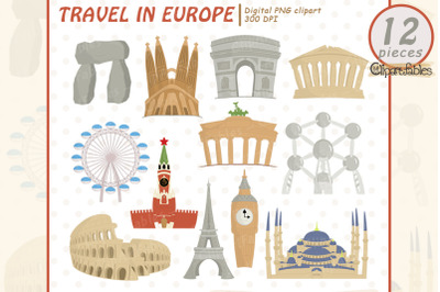 Cute TRAVEL in EUROPE clipart, Famous buildings, European Landmarks