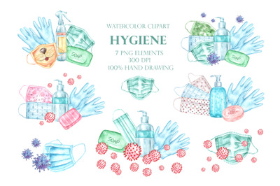 Watercolor clipart Covid hygiene. Poster, banner Covid 19