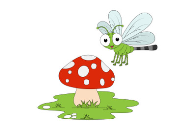 cute dragonfly animal cartoon with mushroom