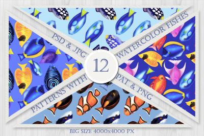 Set of Colorful Seamless Patterns with Watercolor Fishes.