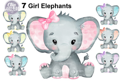 7 Hand-painted Watercolor Baby Girl Elephants, Bundle