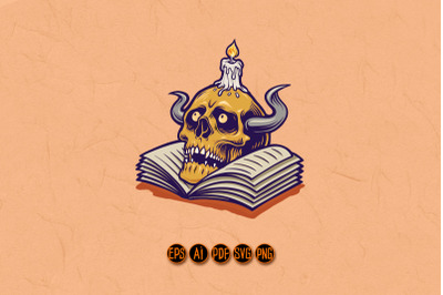 Human Skull and Book with Candle Illustrations