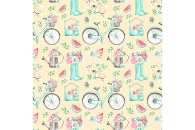 Summer vacation watercolor seamless pattern. Bicycle with basket