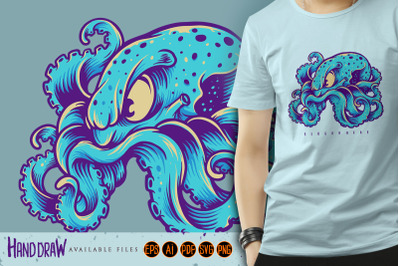 Blue Kraken Logo Octopus Mascot Graphic