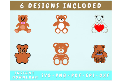 6 Teddy Bears SVG Bundle, Teddy Bear Clipart, Teddy Bear Cut Files