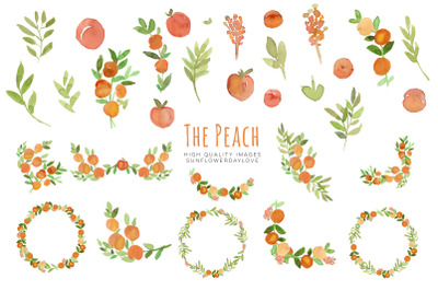 Peaches Greenery Watercolour&2C; Peaches Clipart