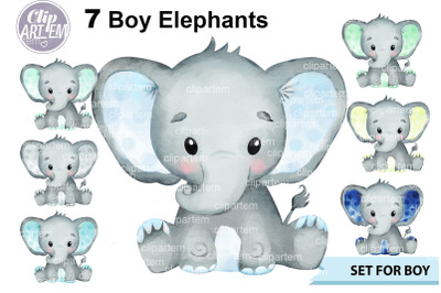 Bundle Boy Elephants 7 watercolor PNG images  clip art