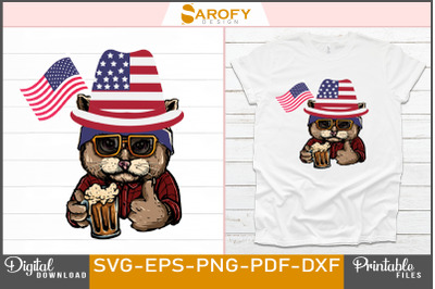 Vector cat design with USA flag hat-beer lover svg design