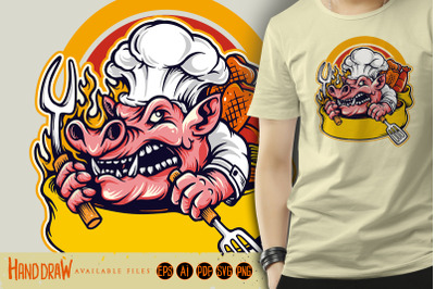 Angry Pig Chef Mascot Barbecue Logo