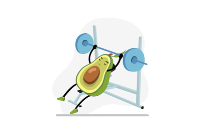 Avocado in gym bench press, character cute active