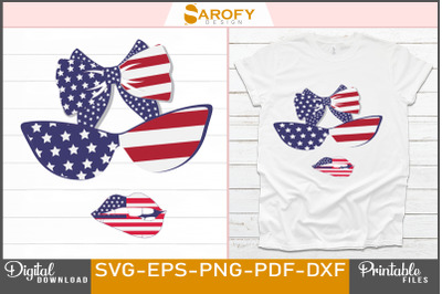 Vector American hair bow, sunglass, and lips with USA flag vector, 4th