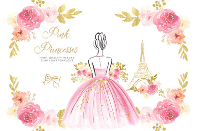 Pink Princess Floral Clipart, Pink &amp; Gold Flowers clip art
