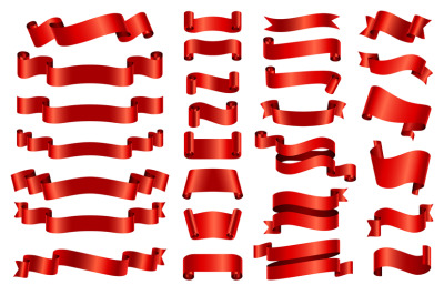 Red silk ribbon banners. 3d curved and spiral glossy ribbons for congr