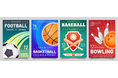 Sport games flyer. Basketball, baseball, football match and bowling to