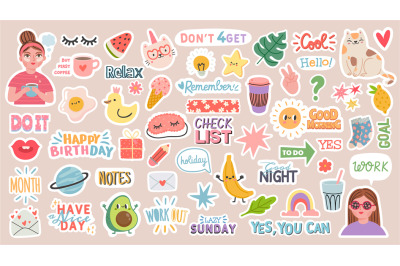 Diary stickers. Words&2C; characters and quotes for planner journal. Tren